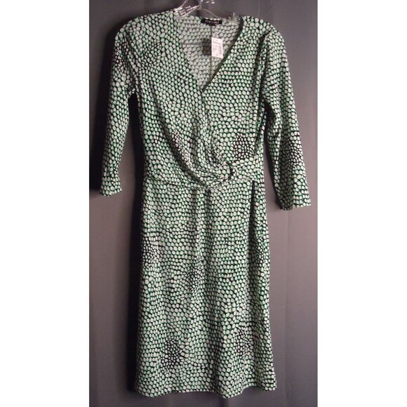 Roz & Ali Faux Wrap Sheath Dress Green White Polka Dot Stretch Womens Size XS - Picture 3 of 13